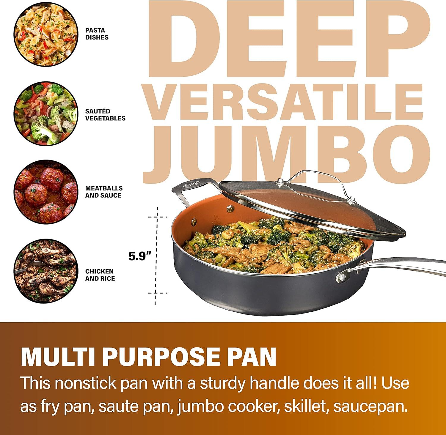 image:imageGotham Steel Nonstick Deep Saute Pan with Lid 55 Quart Large Ceramic Jumbo Cooker 12 Inch Frying Pan with Lid Stay Cool Handle Helper Handle Oven amp Dishwasher Safe 100 PFOA Free