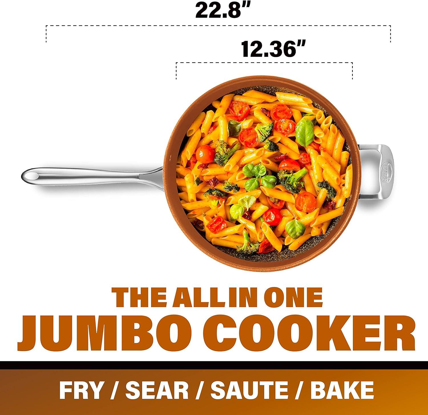 image:imageGotham Steel Nonstick Deep Saute Pan with Lid 55 Quart Large Ceramic Jumbo Cooker 12 Inch Frying Pan with Lid Stay Cool Handle Helper Handle Oven amp Dishwasher Safe 100 PFOA Free