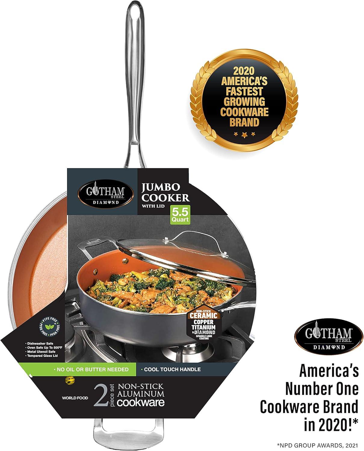 image:imageGotham Steel Nonstick Deep Saute Pan with Lid 55 Quart Large Ceramic Jumbo Cooker 12 Inch Frying Pan with Lid Stay Cool Handle Helper Handle Oven amp Dishwasher Safe 100 PFOA Free
