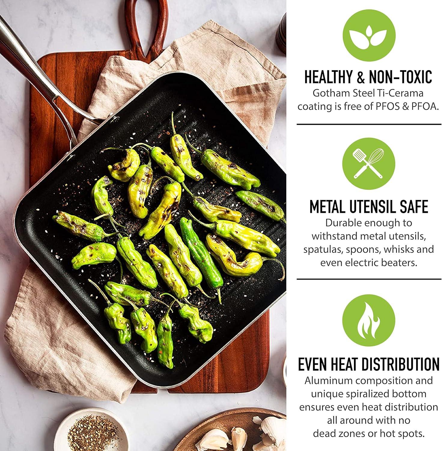 image:imageGotham Steel Nonstick Grill Pan for Stovetops with Grill Sear Ridges Drains Grease Ultra Durable Coating Metal Utensil Safe Stay Cool StainlessSteel Handle Oven amp Dishwasher Safe 100 PFOA Free