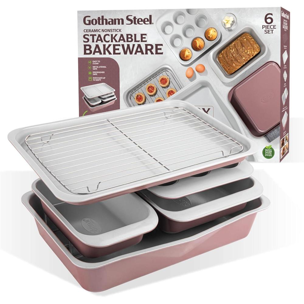 image:imageGotham Steel 6 Pc Stackable Bakeware SetBaking Pans Set Nonstick with Oven Pans Baking Sheet Set and Wire Rack Complete Baking Set for Kitchen OvenDishwasher Safe 100 Non ToxicMaroon Gray
