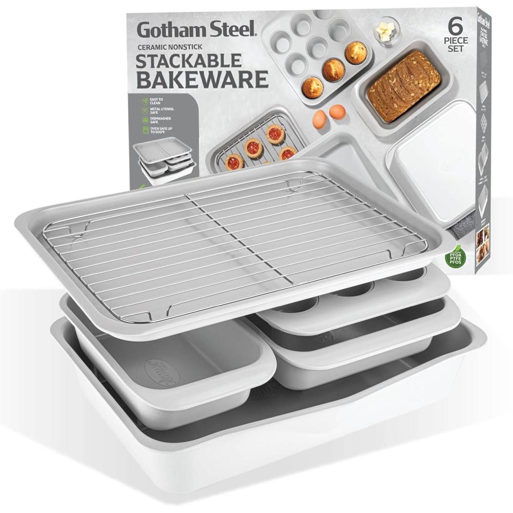 image:imageGotham Steel 6 Pc Stackable Bakeware SetBaking Pans Set Nonstick with Oven Pans  Baking Sheet Set and Wire Rack Complete Baking Set for Kitchen OvenDishwasher Safe 100 Non ToxicCream  Gray