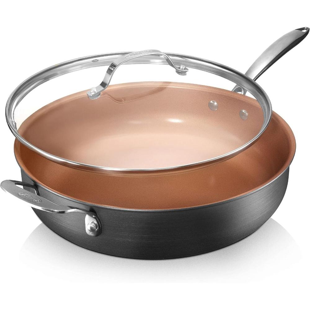 image:imageGotham Steel Nonstick Deep Saute Pan with Lid 55 Quart Large Ceramic Jumbo Cooker 12 Inch Frying Pan with Lid Stay Cool Handle Helper Handle Oven amp Dishwasher Safe 100 PFOA Free