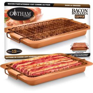 GOTHAM STEEL 2 Pc Baking Pan with Rack for Crispy Bacon + Air Fryer Basket for Bacon with Grease Catcher, Nonstick Bacon Cooker for Oven/Copper Bacon Pan, Air Fryer Pan, Oven/Dishwasher Safe(Large)
