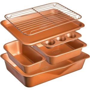 Gotham Steel 6 Pc Stackable Bakeware Set/Baking Pans Set Nonstick with Oven Pans + Baking Sheet Set and Wire Rack, Complete Baking Set for Kitchen, Oven/Dishwasher Safe, 100% Non Toxic…(Orange)