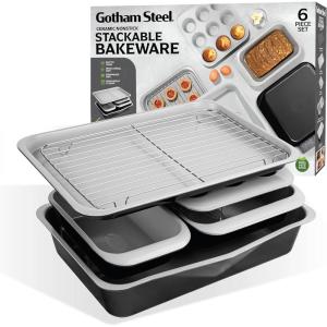 Gotham Steel 6 Pc Stackable Bakeware Set/Baking Pans Set Nonstick with Oven Pans + Baking Sheet Set and Wire Rack, Complete Baking Set for Kitchen, Oven/Dishwasher Safe, 100% Non Toxic…(Black / Gray)