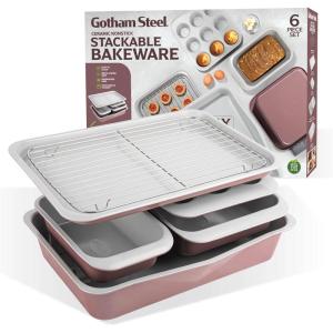 Gotham Steel 6 Pc Stackable Bakeware Set/Baking Pans Set Nonstick with Oven Pans + Baking Sheet Set and Wire Rack, Complete Baking Set for Kitchen, Oven/Dishwasher Safe, 100% Non Toxic…(Maroon / Gray)