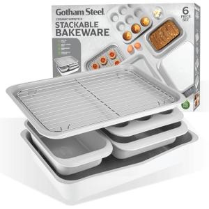 Gotham Steel 6 Pc Stackable Bakeware Set/Baking Pans Set Nonstick with Oven Pans + Baking Sheet Set and Wire Rack, Complete Baking Set for Kitchen, Oven/Dishwasher Safe, 100% Non Toxic…(Cream / Gray)