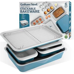 Gotham Steel 6 Pc Stackable Bakeware Set/Baking Pans Set Nonstick with Oven Pans + Baking Sheet Set and Wire Rack, Complete Baking Set for Kitchen, Oven/Dishwasher Safe, 100% Non Toxic…(Blue)
