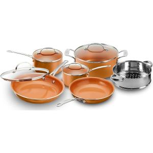 Gotham Steel 10-Piece Kitchen Set with Non-Stick Ti-Cerama Coating by Chef Daniel Green – Includes Skillets, Fry Pans, Stock Pots and Steamer Insert – Copper