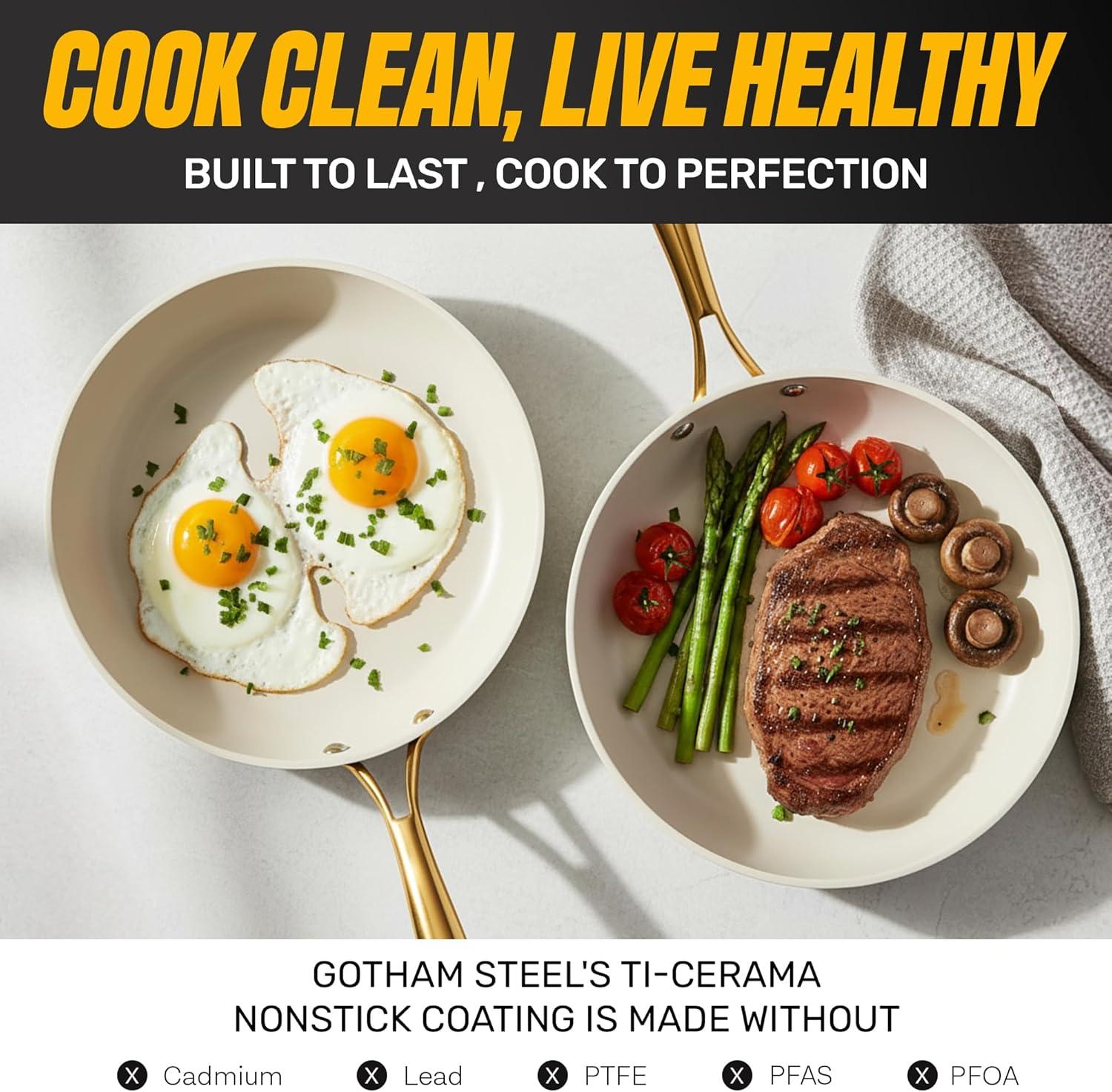 image:imageGotham Steel 10 Piece Pots and Pans Set with Ultra Nonstick Diamond Surface Includes Frying Pans Stock Pots Saucepans amp More Stay Cool Handles Oven Metal Utensil amp Dishwasher Safe 100 PFOA FreeCream Gold