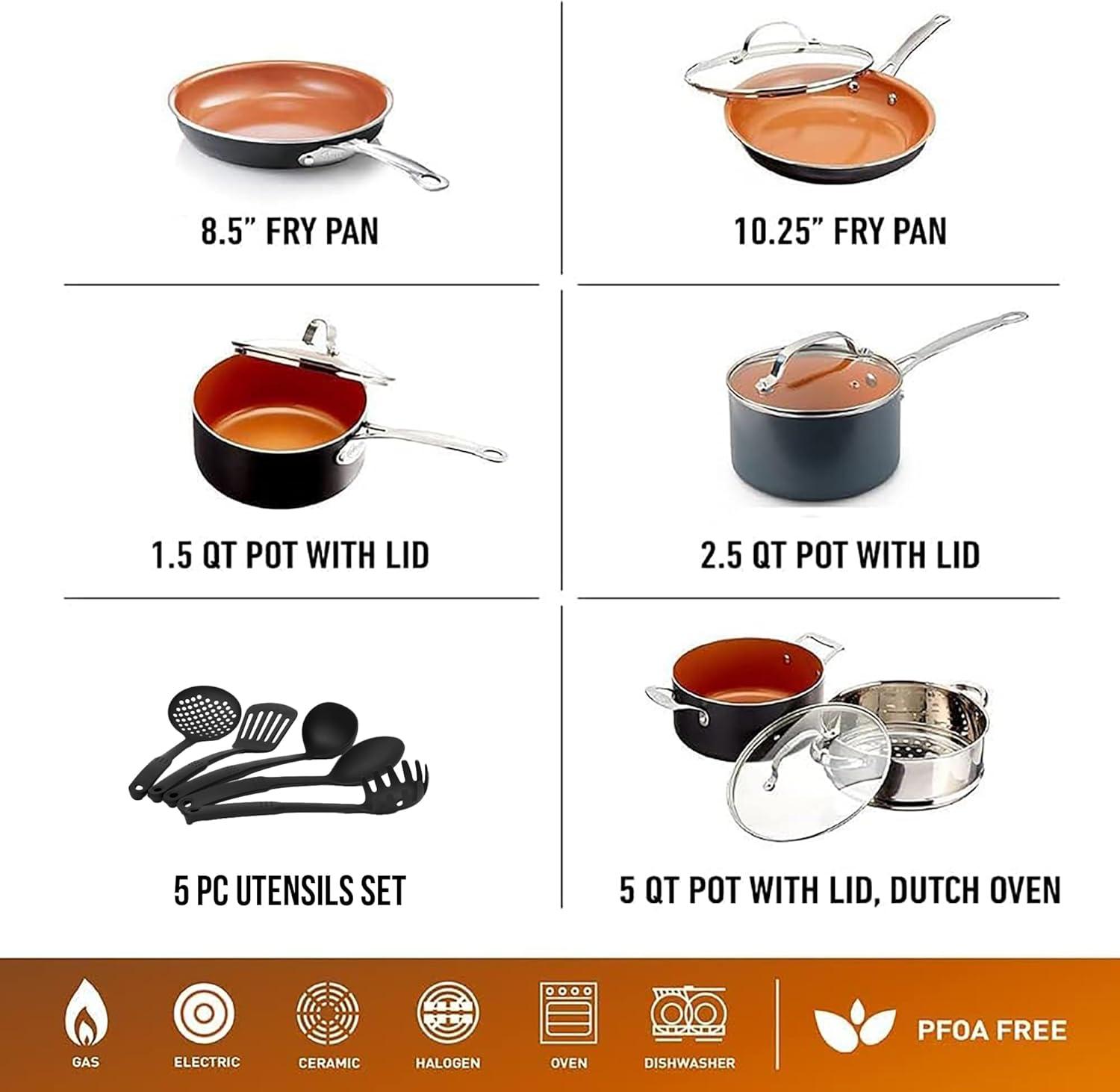 image:imageGotham Steel 10 Piece Pots and Pans Set with Ultra Nonstick Diamond Surface Includes Frying Pans Stock Pots Saucepans amp More Stay Cool Handles Oven Metal Utensil amp Dishwasher Safe 100 PFOA FreeCopper Graphite