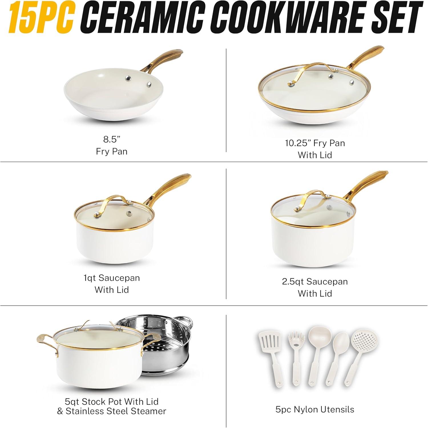 image:imageGotham Steel 10 Piece Pots and Pans Set with Ultra Nonstick Diamond Surface Includes Frying Pans Stock Pots Saucepans amp More Stay Cool Handles Oven Metal Utensil amp Dishwasher Safe 100 PFOA FreeCream Gold