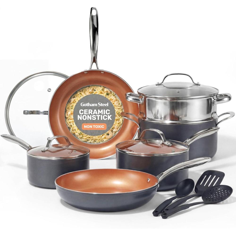 image:imageGotham Steel 10 Piece Pots and Pans Set with Ultra Nonstick Diamond Surface Includes Frying Pans Stock Pots Saucepans amp More Stay Cool Handles Oven Metal Utensil amp Dishwasher Safe 100 PFOA FreeCopper Graphite