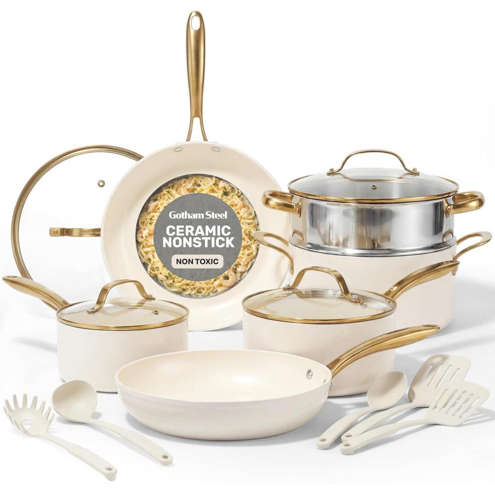 image:imageGotham Steel 10 Piece Pots and Pans Set with Ultra Nonstick Diamond Surface Includes Frying Pans Stock Pots Saucepans amp More Stay Cool Handles Oven Metal Utensil amp Dishwasher Safe 100 PFOA FreeCream Gold