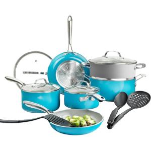 Gotham Steel 10 Piece Pots and Pans Set with Ultra Nonstick Diamond Surface, Includes Frying Pans, Stock Pots, Saucepans & More, Stay Cool Handles, Oven Metal Utensil & Dishwasher Safe, 100% PFOA Free(Aqua Blue)