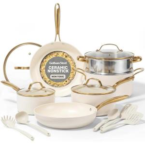 Gotham Steel 10 Piece Pots and Pans Set with Ultra Nonstick Diamond Surface, Includes Frying Pans, Stock Pots, Saucepans & More, Stay Cool Handles, Oven Metal Utensil & Dishwasher Safe, 100% PFOA Free(Cream Gold)