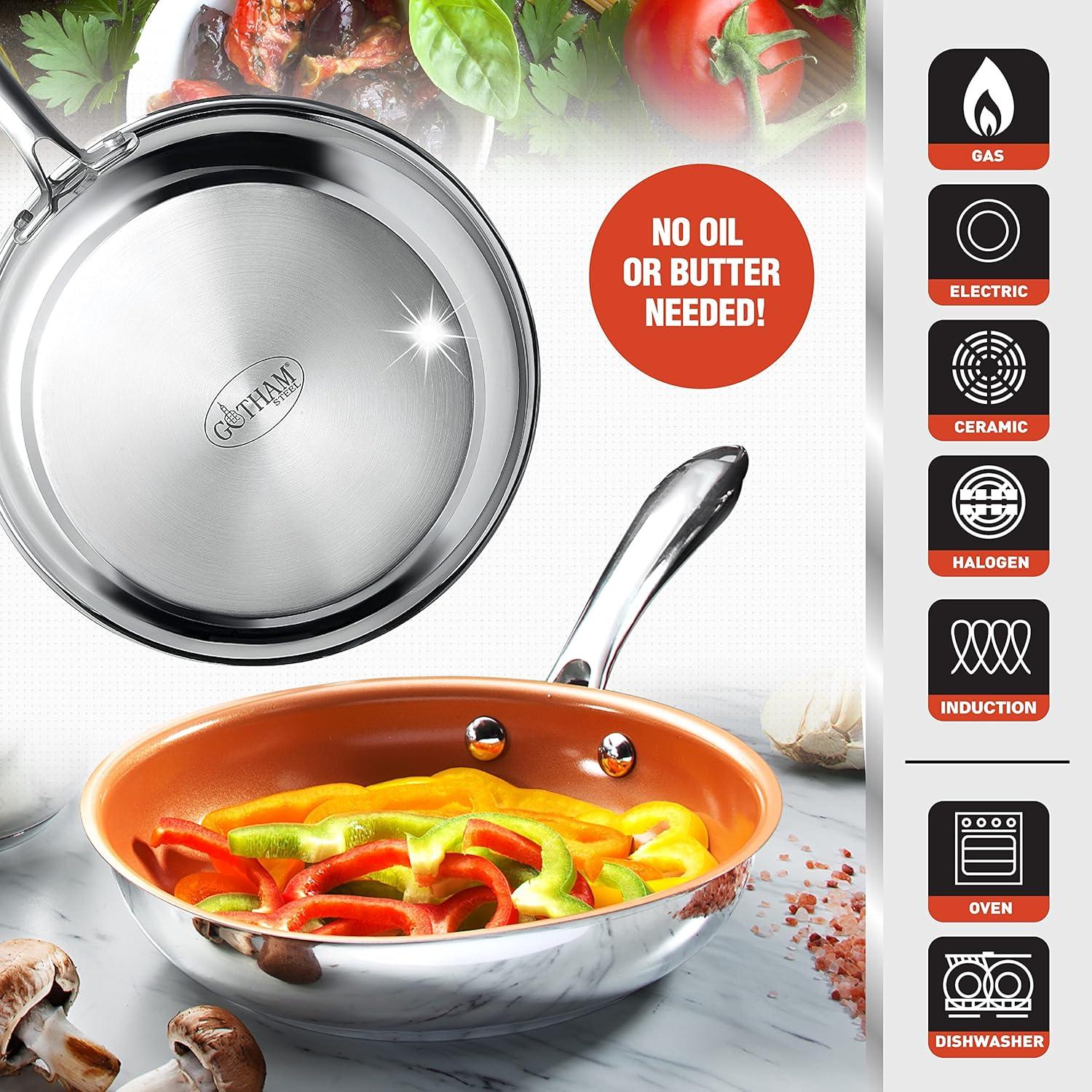 image:imageGotham Steel Stainless Steel 10 Nonstick Frying Pan Induction Base TriPly Stainless Steel Skillet Stainless Steel Pan Metal Frying Pan for Cooking Egg pan Non Toxic OvenDishwasher Safe