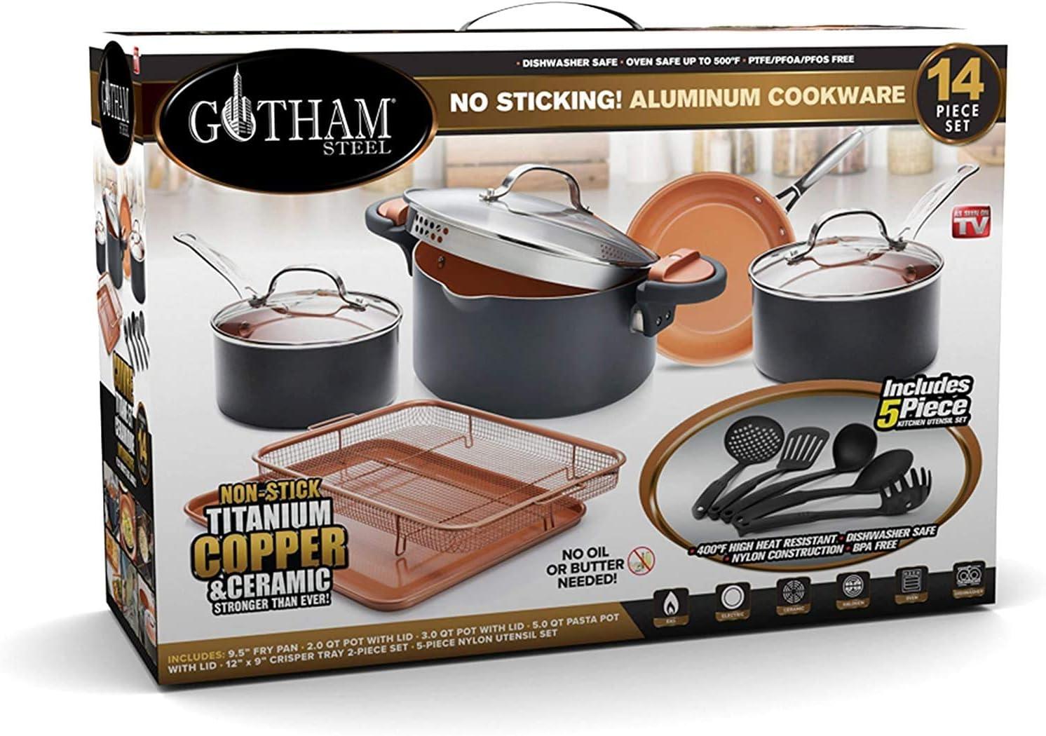 image:imageGotham Steel Home Kitchen Pots and Pans Set Ultra Nonstick 14 Piece Cookware Set Includes Sauce Pans Frying Pan Stock Pot Oven Air Fry Basket Chefs Utensils amp More Dishwasher Safe14 Piece
