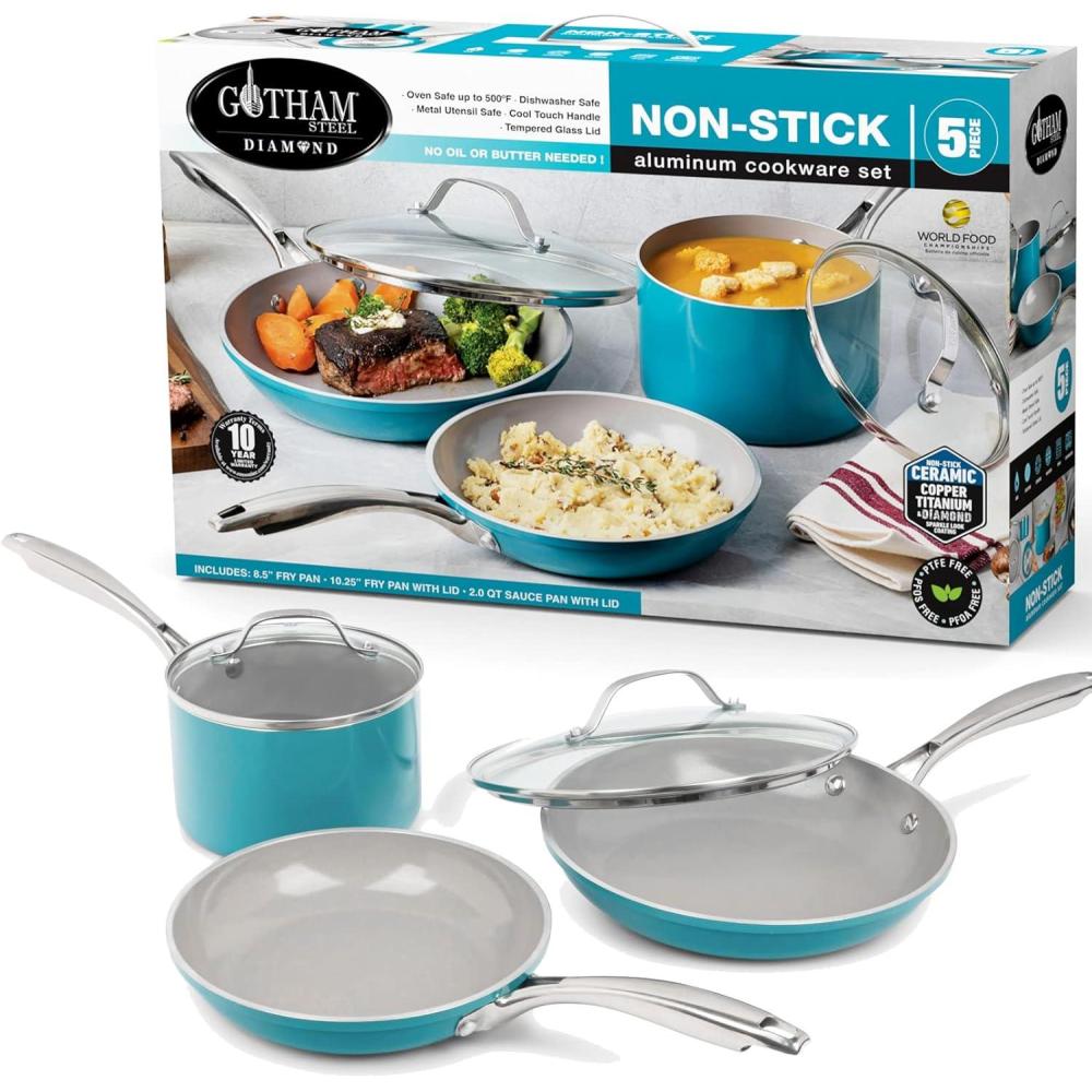 image:imageGotham Steel Aqua Blue Nonstick Ceramic 5 Piece Cookware Set with Ceramic Coating Stainless Steel Stay Cool Handles Oven amp Dishwasher Safe to 500 F100 PFOA Free