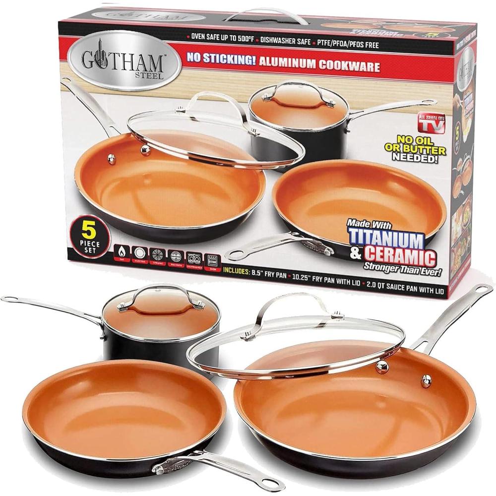 image:imageGOTHAM STEEL 5 Piece Kitchen Essentials Cookware Set with Ultra Nonstick Copper Surface Dishwasher Safe Cool Touch Handles Includes Fry Pans Stock Pot and Glass Lids OriginalGraphiteOriginal