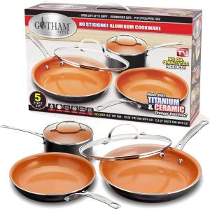 GOTHAM STEEL 5 Piece Kitchen Essentials Cookware Set with Ultra Nonstick Copper Surface Dishwasher Safe, Cool Touch Handles- Includes Fry Pans, Stock Pot, and Glass Lids, Original,Graphite(Original)